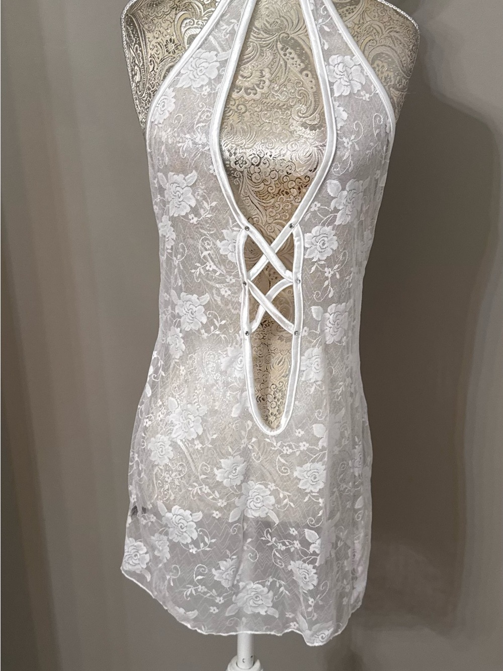 H.O.T. Sheer Lace Halter Chemise Nightdress in White - Elegant Sleepwear